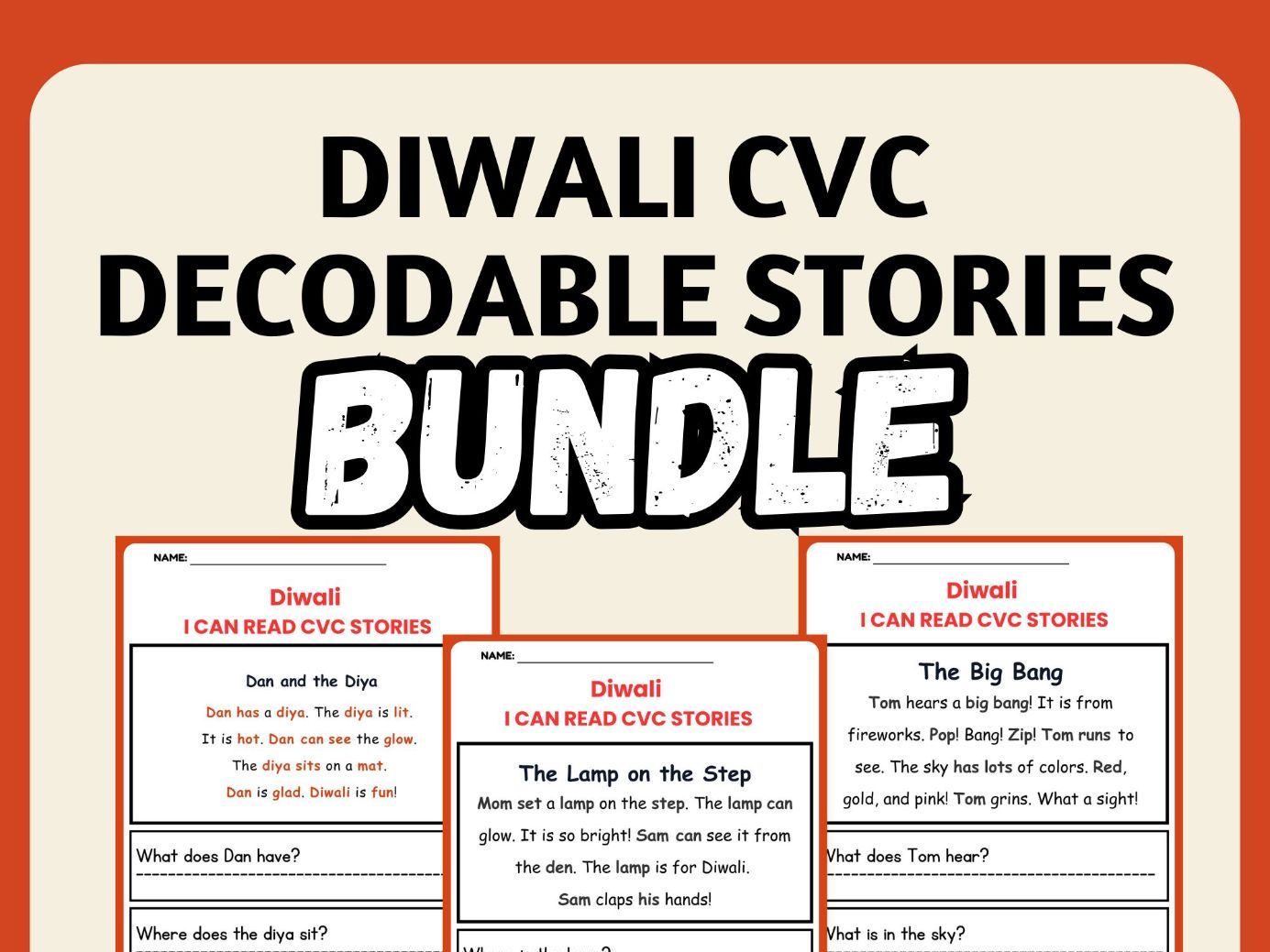Diwali CVC Decodable Short Stories worksheets with Questions Bundle