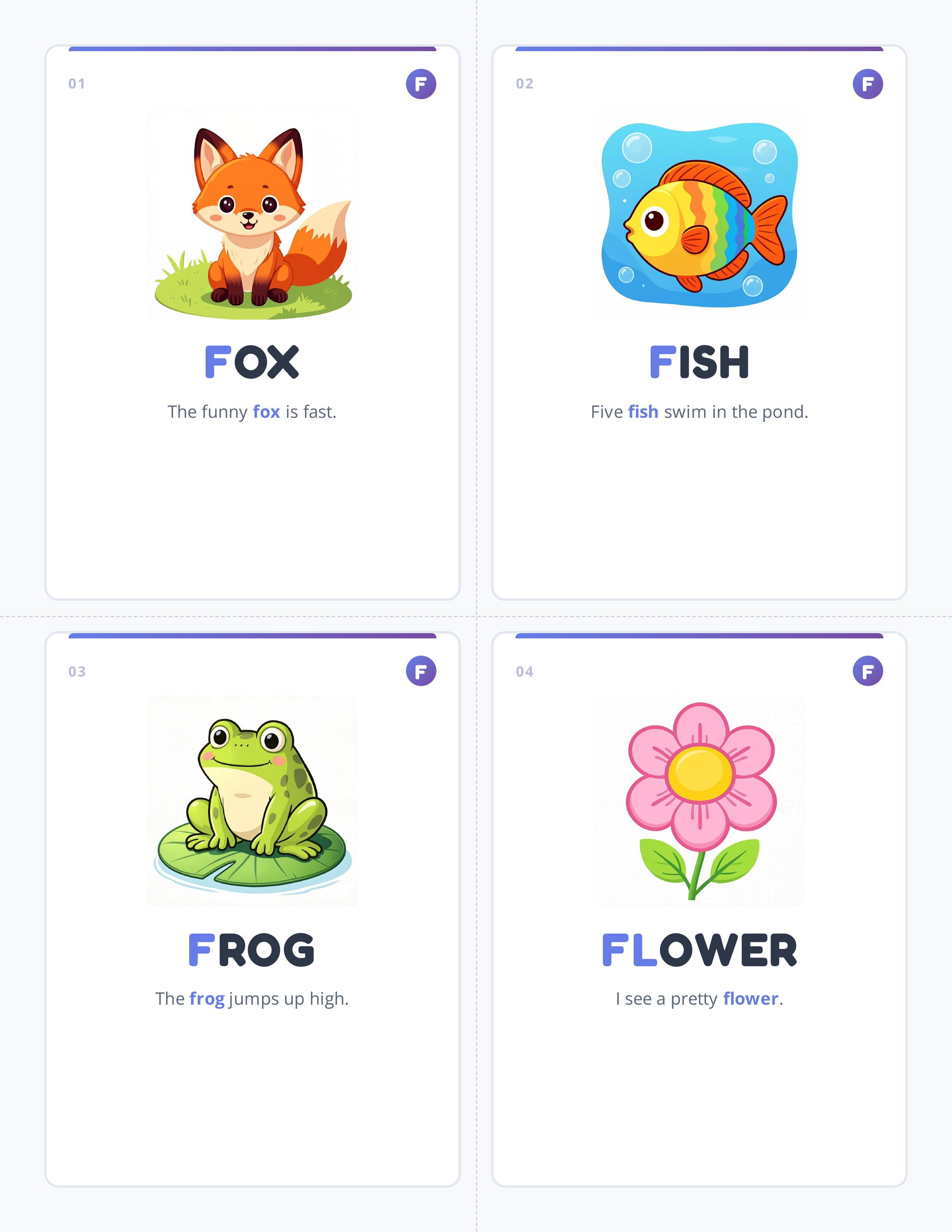 Letter F Phonics Flashcards for Kindergarten | Printable Vocabulary ...