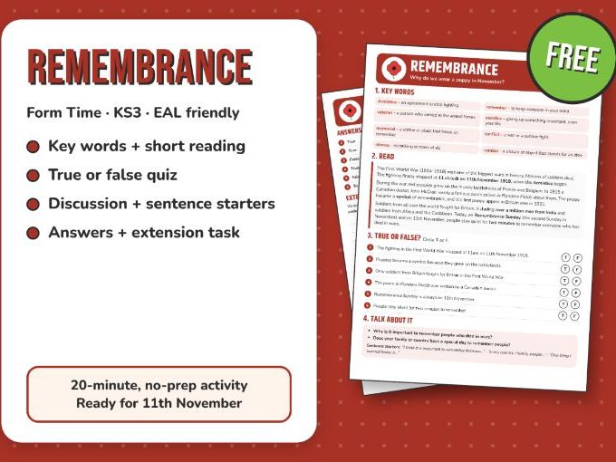 FREE KS3 Form Time: Remembrance Day & Poppies (First World War) | EAL Friendly