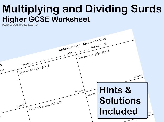 GCSE Maths Worksheet: Multiplying and Dividing Surds - Higher Tier