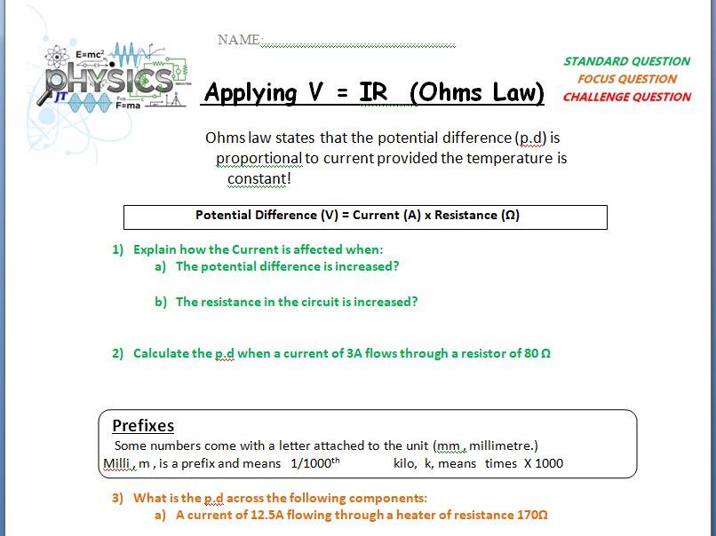 Applying Ohms Law  V = IR formula calculations