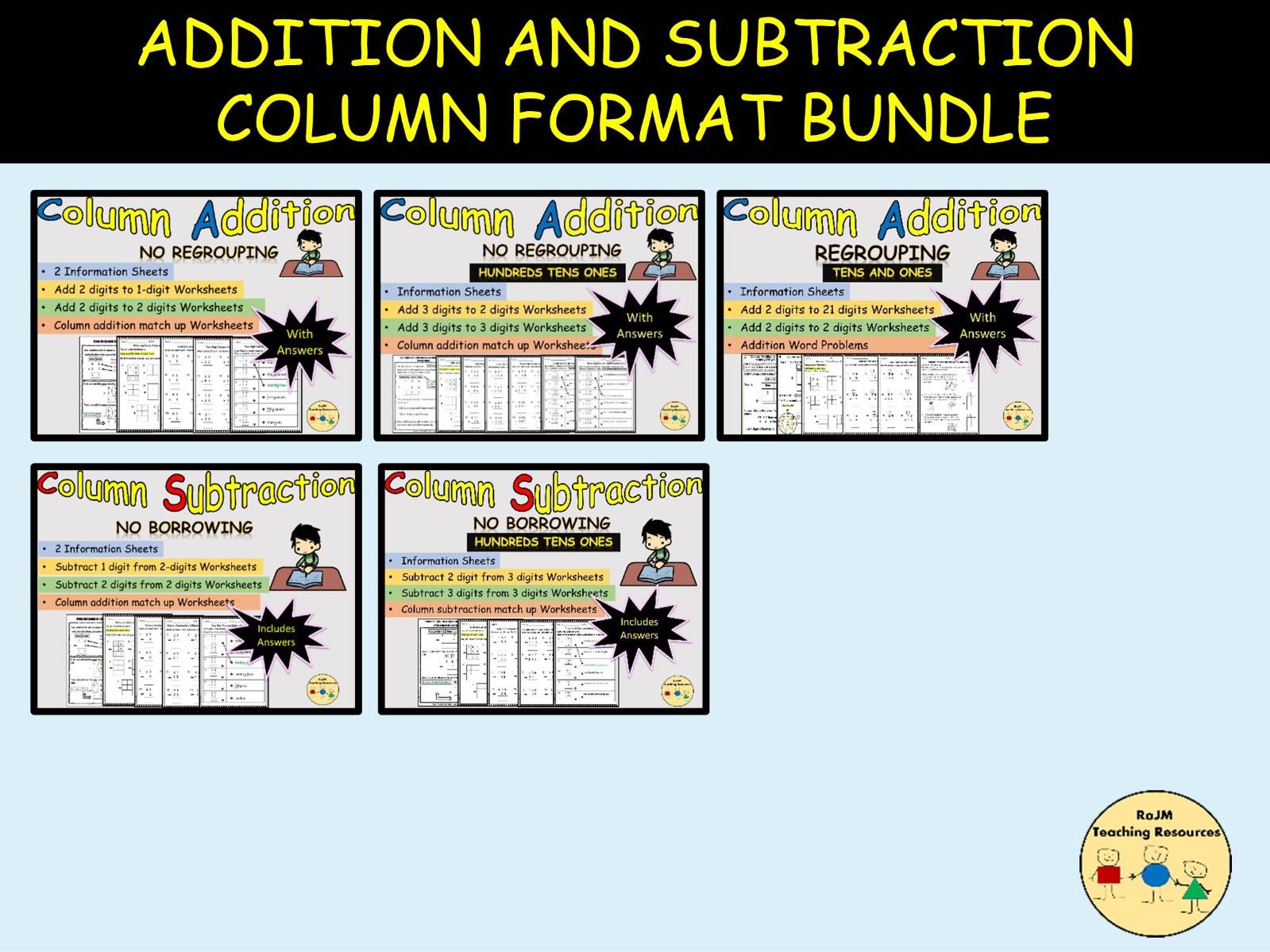 Column Addition and Column Subtraction Vertical Column Place Value Bundle Worksheets Activities