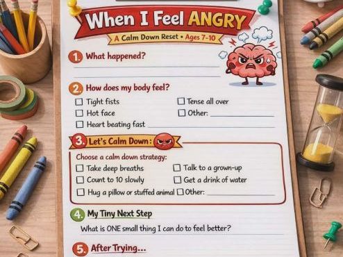 Anger Management Worksheet for Kids | Calm Down Strategy | Social Emotional Learning