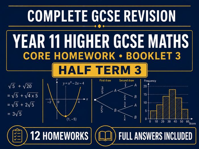 Year 11 Higher GCSE Maths Core Homework – Half Term 3 – 12 Homeworks with Answers
