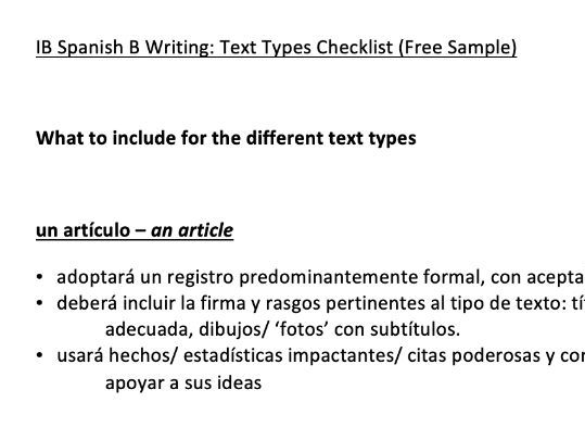 IB Spanish B Writing: Text Types Checklist (FREE)