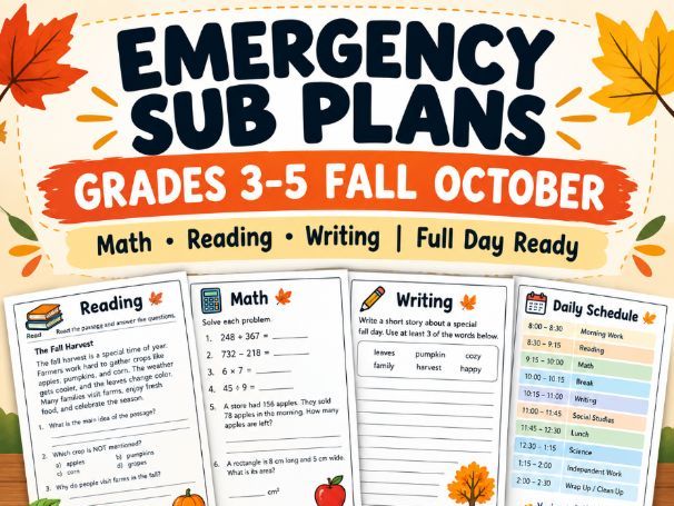 Emergency Sub Plans Template 3rd 4th 5th Grade Fall October