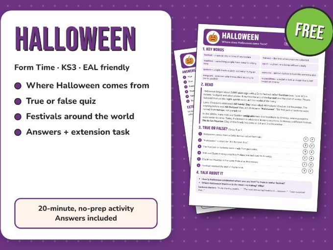 FREE KS3 Form Time: History of Halloween (Samhain, Jack-o’-Lanterns) | EAL Friendly