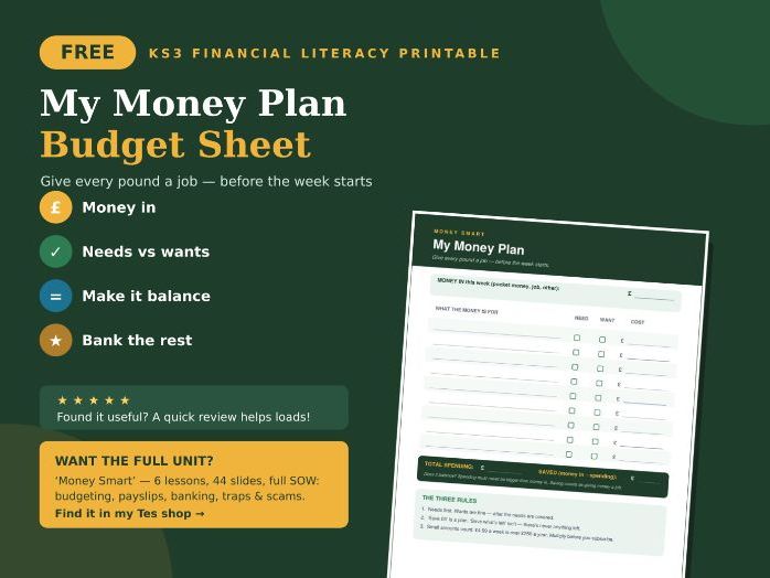 FREE Budget Planner — My Money Plan Worksheet | KS3 Financial Literacy, Budgeting, Needs & Wants