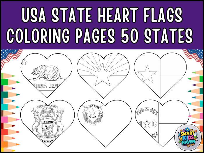 USA State Heart Flags Coloring Pages All 50 States Bulletin Board Class Decor.