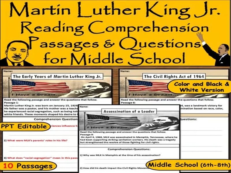 Martin Luther King Jr Reading Comprehension – 10 Passages for Middle School - Black History Month