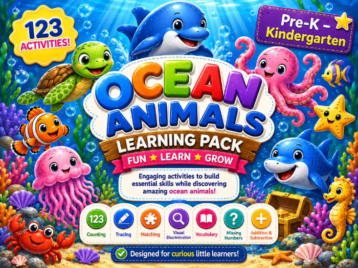 Ocean Animals Learning Pack | Pre-K & Kindergarten Math, Tracing, Counting & Vocabulary