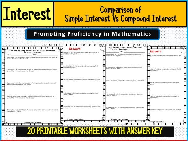 Simple Interest Rate Vs Compound Interest Rate Problems Worksheets Math