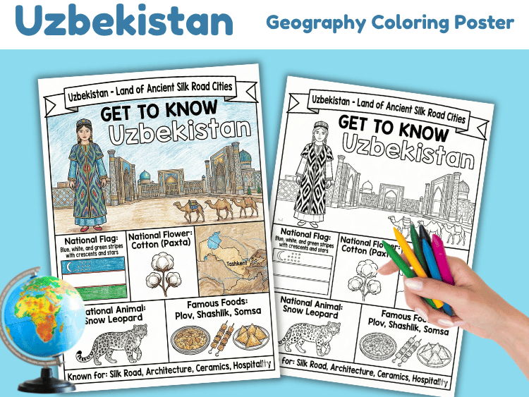 Uzbekistan Geography Coloring Poster | Country Facts for Kids