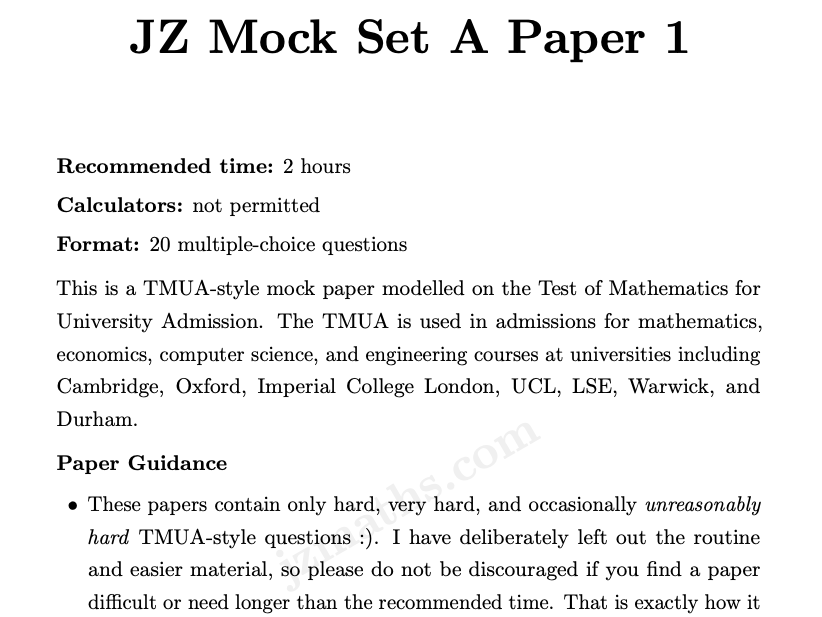 TMUA Mock Paper 1 with Full Solutions (Free, Original)