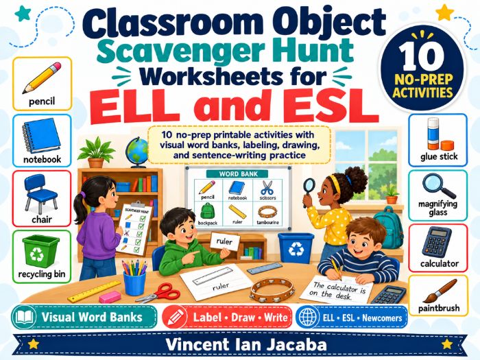 Classroom Object Scavenger Hunt Worksheets for EAL ESL ELL | Vocabulary Activities