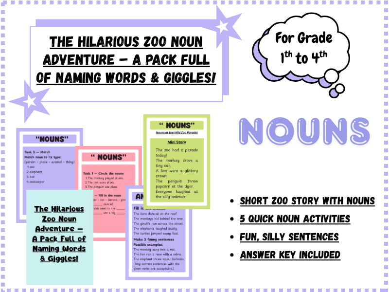 Zoo-Themed Nouns Grammar Pack | Identify & Use Nouns in Context | Worksheets + Story + Answer Key