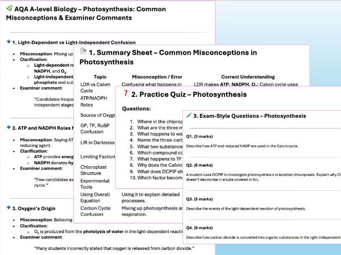 AQA A Level  Biology Revision Misconceptions & Practice Chapter 11 Photosynthesis