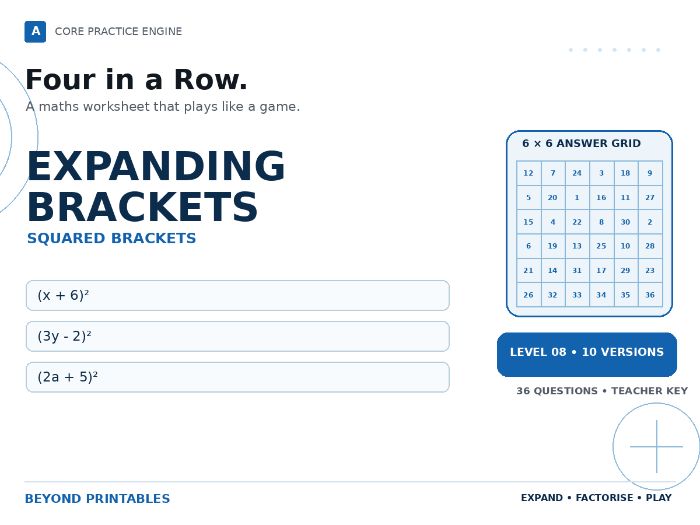 Expanding Brackets Four in a Row | (x + 6)² : Level 08 | 10 Maths Games