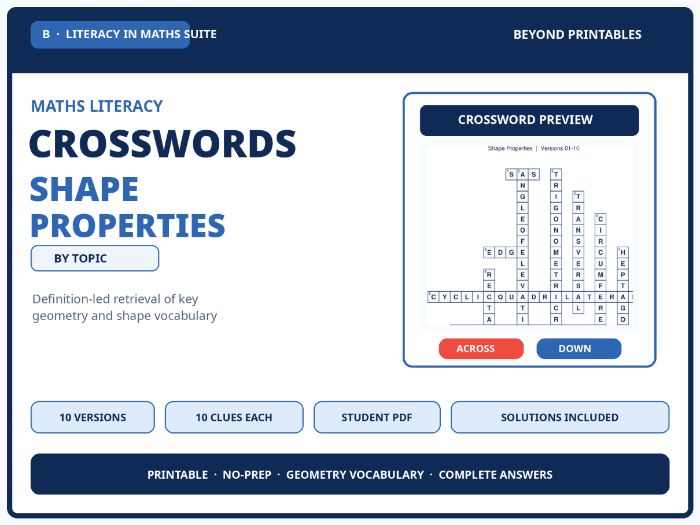 Shape Properties Maths Crosswords | 10 Geometry Vocabulary Puzzles with Solutions