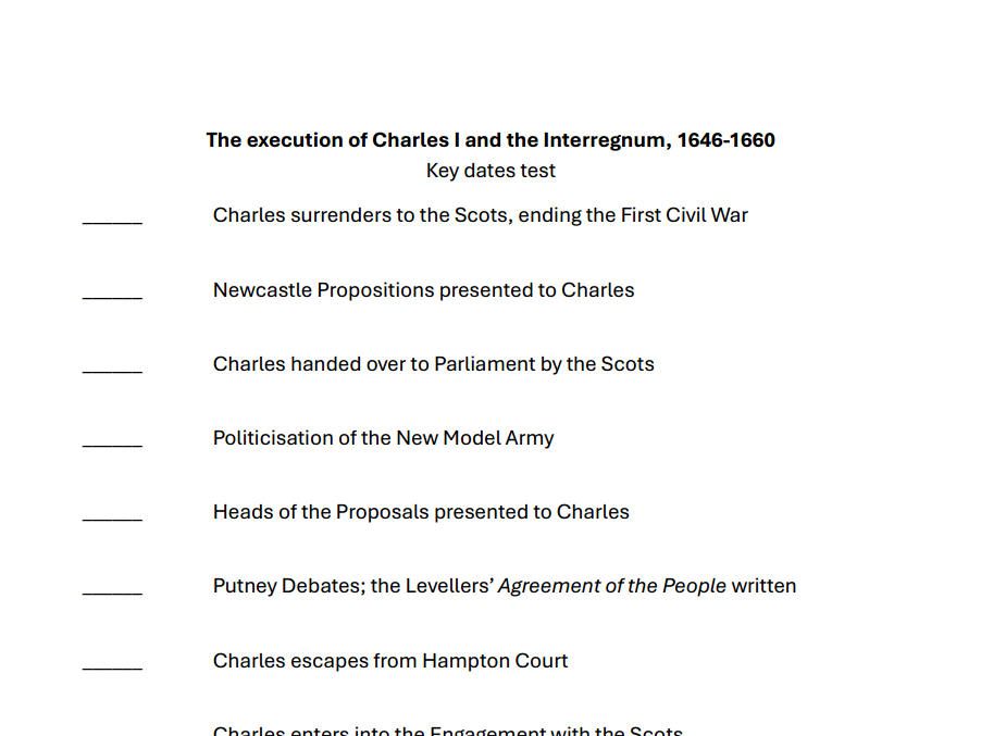 Key dates test - Execution of Charles I and the Interregnum (OCR A-level history Unit Y108)