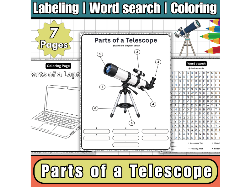 Parts of a Telescope Labeling Diagram Worksheets,Wordsearch,Coloring,Anatomy