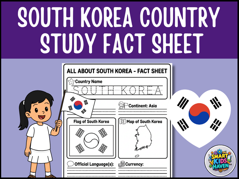 South Korea Map and Flag Country Study Research Project Worksheet Geography.