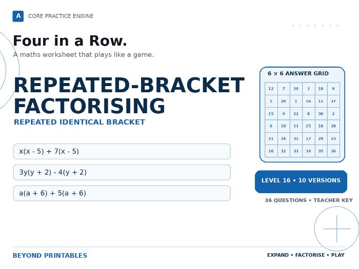Repeated-Bracket Factorising Four in a Row | x(x - 5) + 7(x - 5) : Level 16 | 10 Maths Games