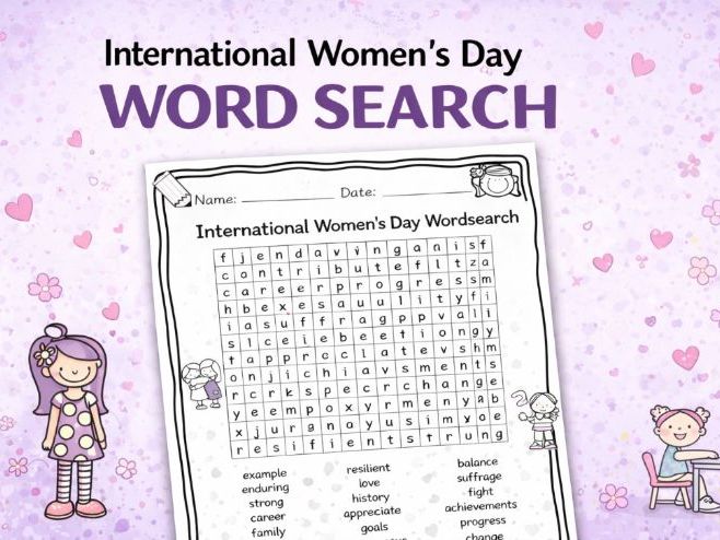 Colour-in International Women's Day word search with answers