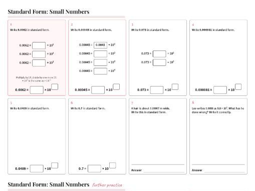 Standard Form Small Numbers Worksheet GCSE