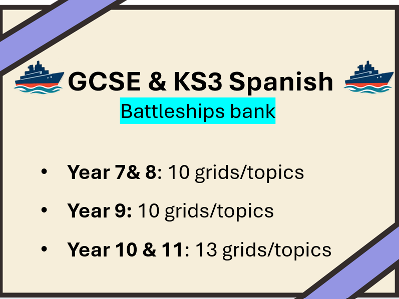 Spanish Battleships Bank KS3–GCSE | Fun Grammar & Vocabulary Consolidation