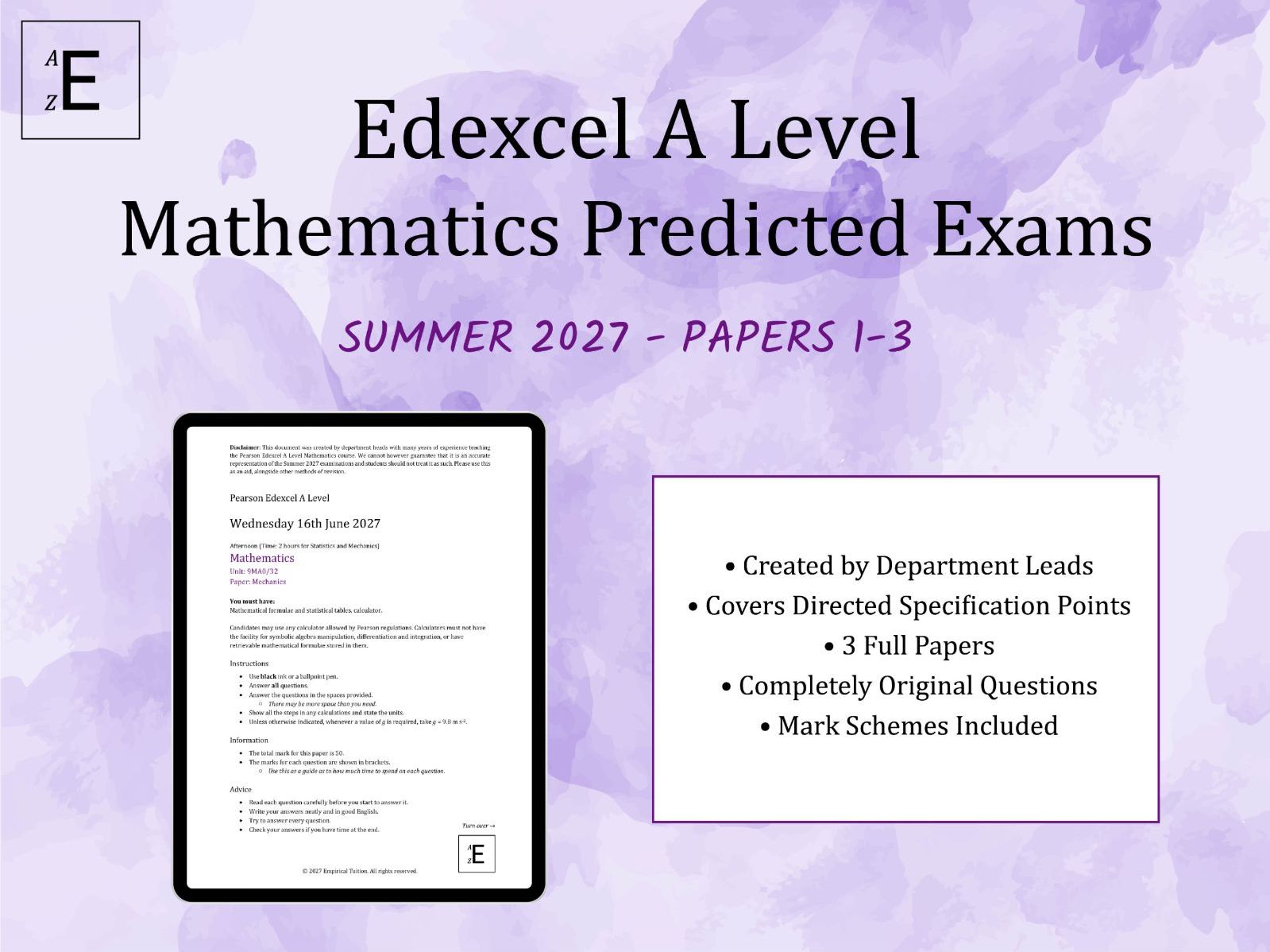Summer 2027 Edexcel A Level Maths Predicted Exams - Papers 1-3