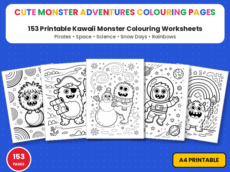 Cute Monster Adventures Colouring Pages | 153 Kawaii Monster Printable Colouring Page Worksheets