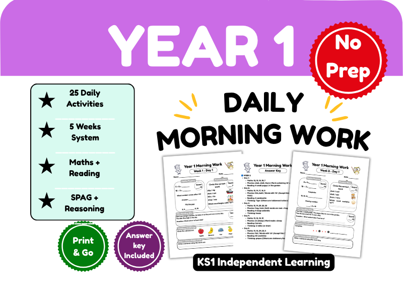 Year 1 Daily Morning Work | 25 No-Prep Activities | Maths, Phonics, Reading & Thinking Skills | KS1