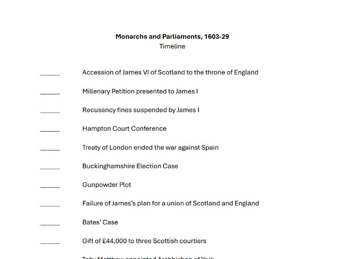 Key dates test - Monarchs and Parliaments 1603-29 (AQA A-level history Unit 1D)