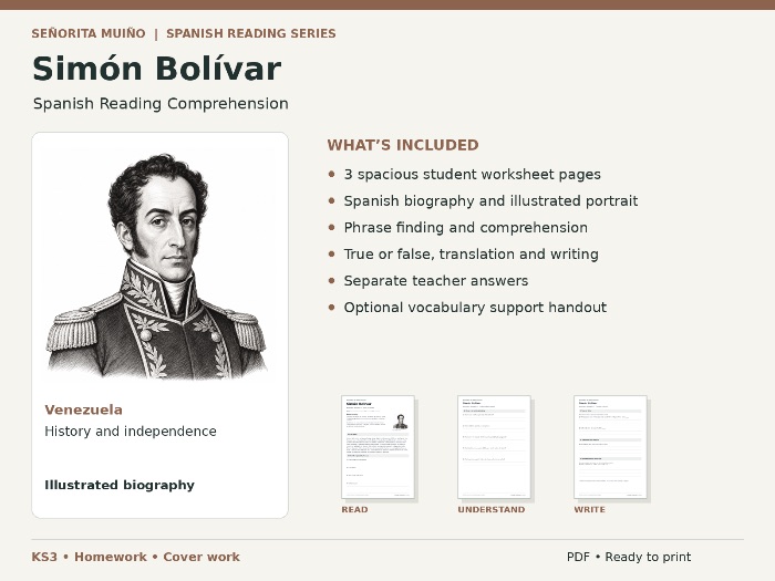 Simón Bolívar | KS3 Spanish Reading Comprehension - Homework & Cover