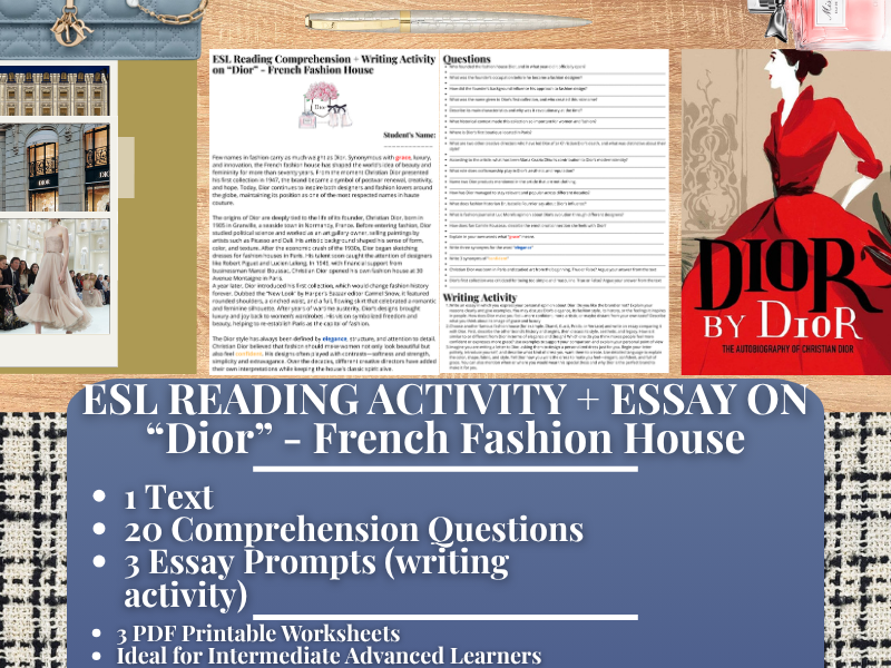 ESL Reading Comprehension + Writing Activity Worksheets - Dior - French Fashion House