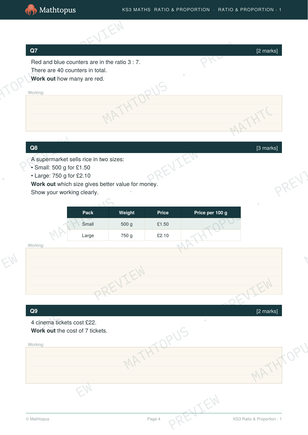 KS3 Ratio and Proportion Test Paper with Mark Scheme (44 marks, ages 11 ...