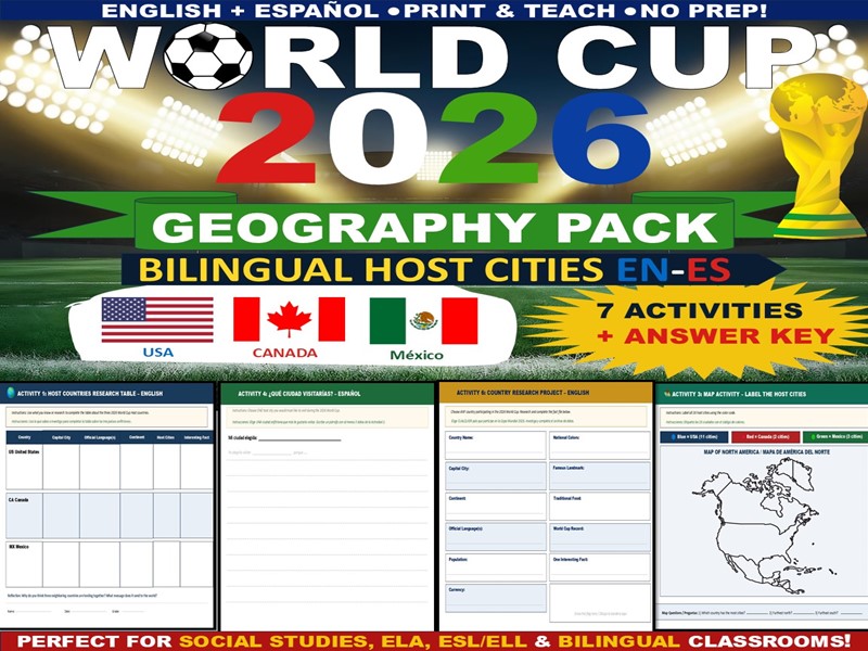 World Cup 2026 Geography Pack Bilingual Host Cities EN-ES | Map Skills + Research Activities