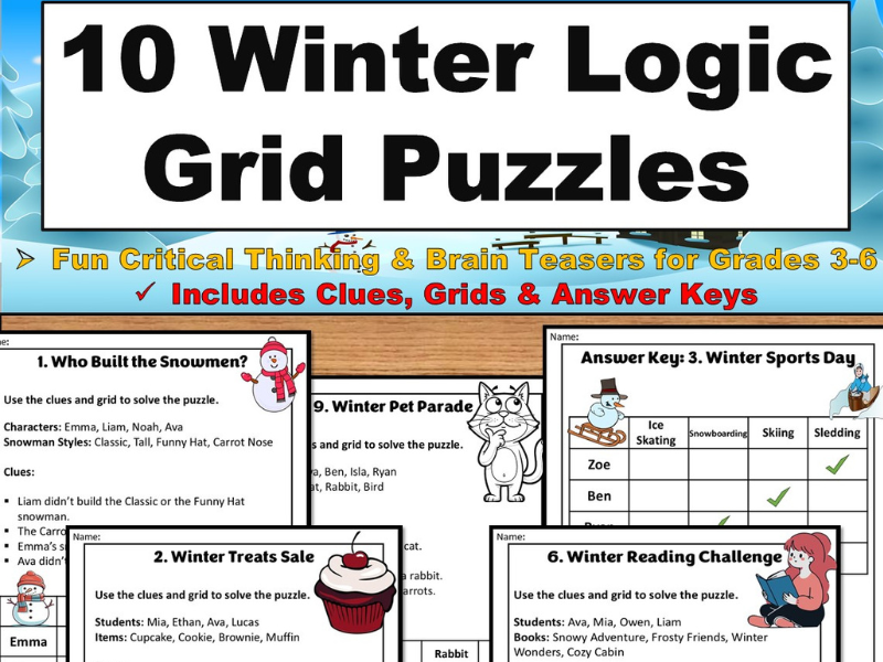 10 Winter Logic Grid Puzzles | Critical Thinking & Brain Teasers | Grades 3-6