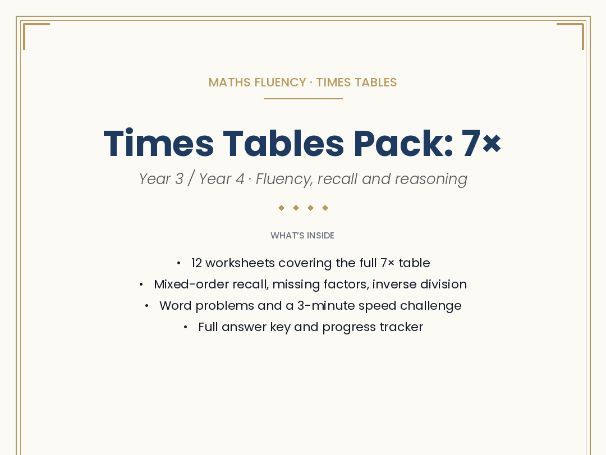 Times Tables Practice Pack The 7× Table · Year 3 / Year 4 · Fluency, recall and reasoning