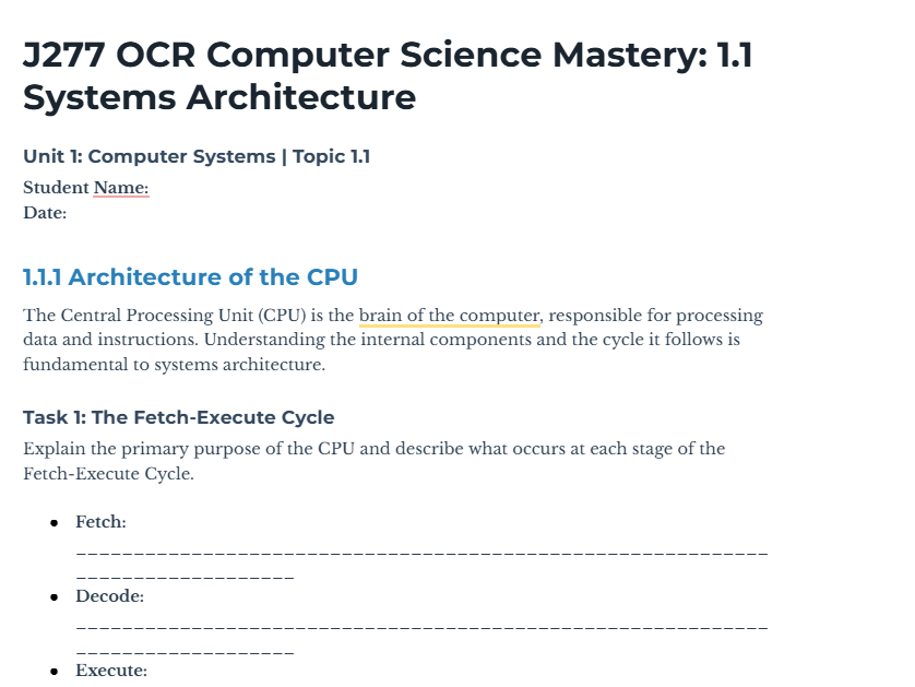 J277 OCR Computer Science Worksheet: 1.1 Systems Architecture