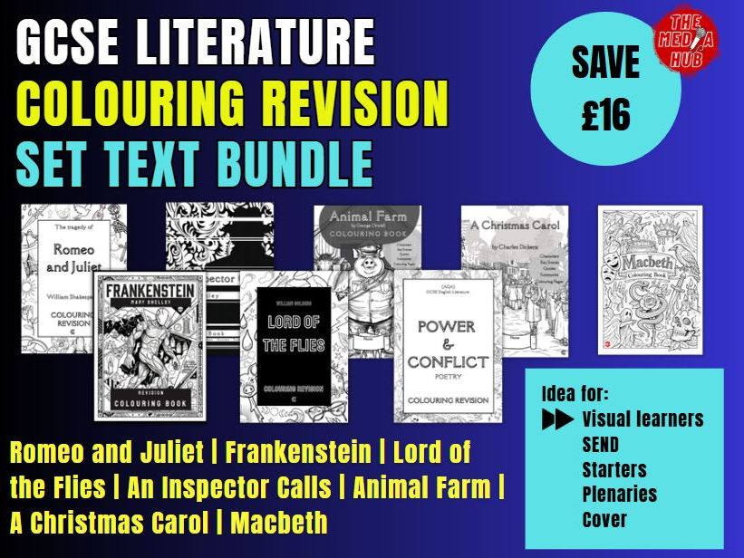 GCSE English Literature Revision Colouring Bundle | KS3–KS4 Study Guides Visual Learning for Macbeth, A Christmas Carol, Frankenstein, Animal Farm, Lord of the Flies, Romeo & Juliet & Power & Conflict Poetry