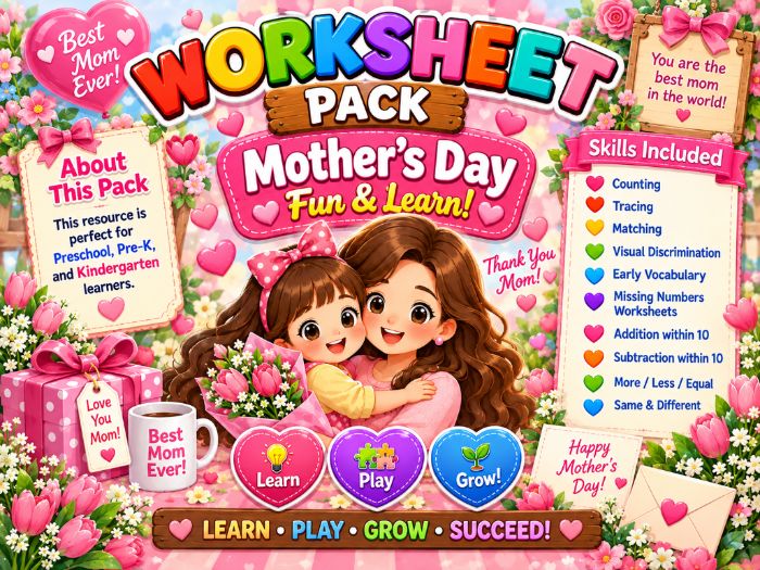 Mother’s Day Worksheets for Pre-K & Kindergarten | Math, Tracing, Matching & Vocabulary
