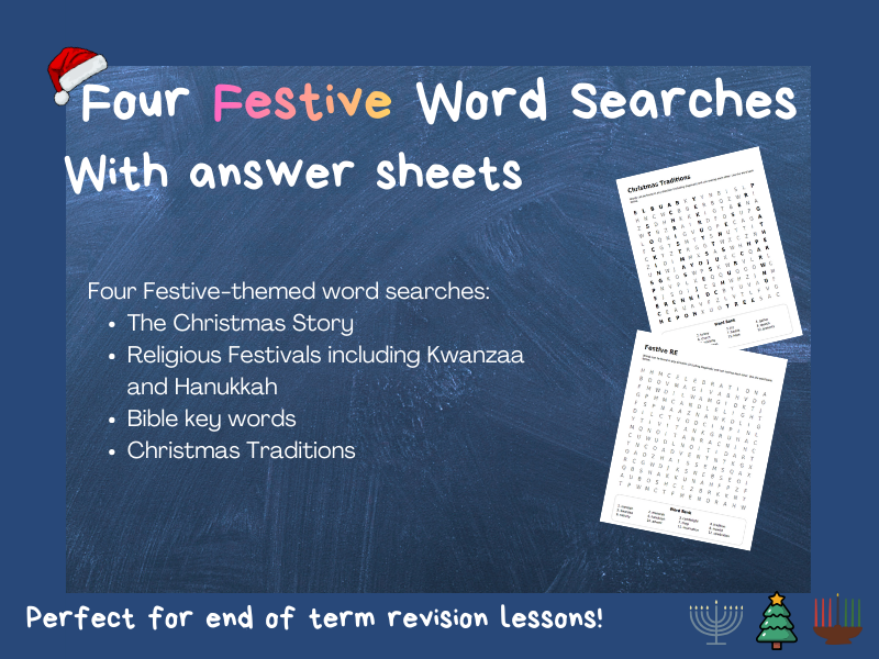 Four Festive-Themed Word Searches with Answers for KS2 & KS3 - RE, PSHE Lessons
