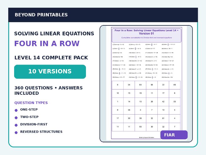 Solving Linear Equations Four in a Row | Mixed One-Step, Two-Step & Reversed : Level 14 | 10-Version