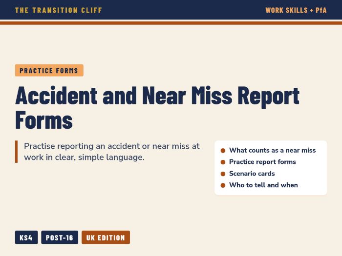 Workplace Accident and Near Miss Report Forms: Practice Pack for SEND Employability (KS4, Post-16)