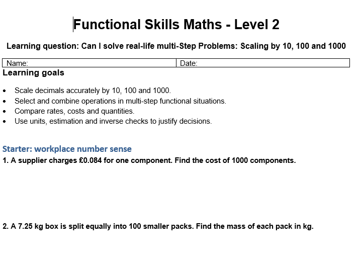 Functional skills level 1 & level 2 real life questions including Multiplication and Division