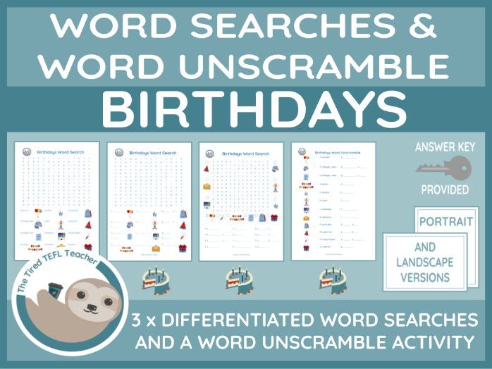 ESL Birthdays Differentiated Word Searches and Word Unscramble