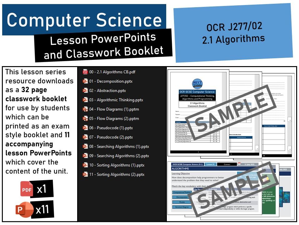 OCR GCSE Computer Science (J277) 2.1 Algorithms Lesson PowerPoints and Classwork Booklet.