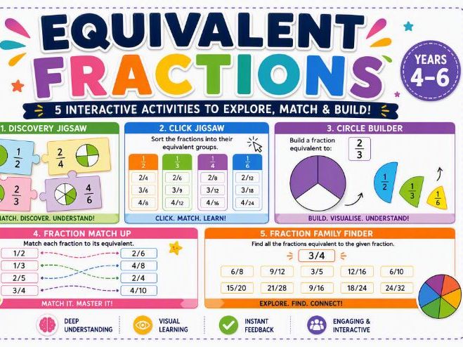 Equivalent Fractions Interactive Bundle: Circle Builder, Discovery Jigsaw & Click-to-Match Game
